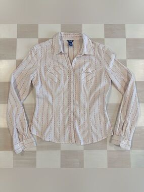 y2k lilu pink purple off white striped button up cotton blend blouse office
